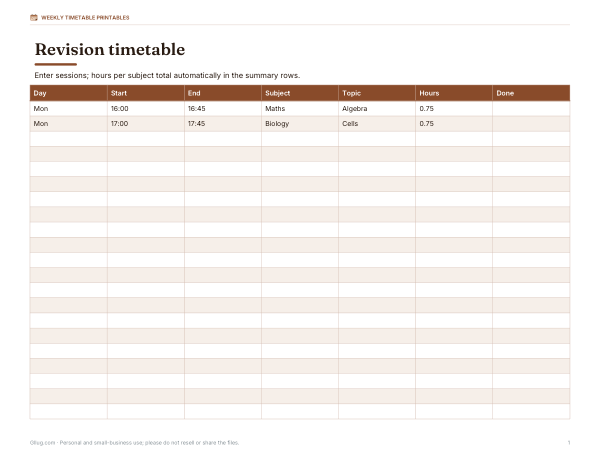 Preview of Printable Revision Timetable