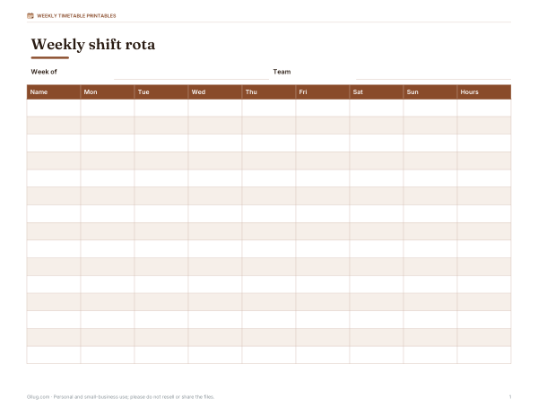 Preview of Printable Weekly Shift Rota